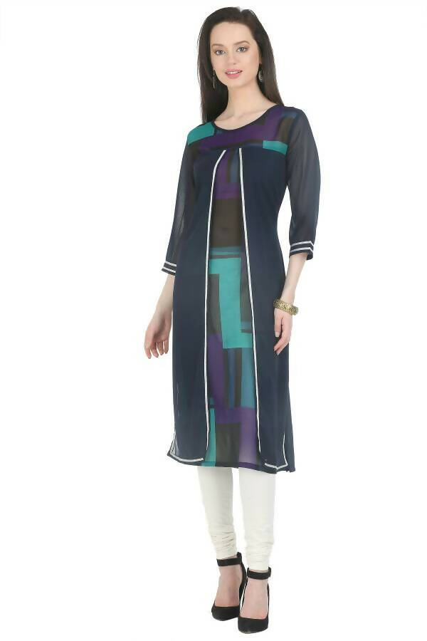 Women's Navy Round Neck Kurti With Double Panel, Silver Lace - G & A Apparels | Swadesiicart
