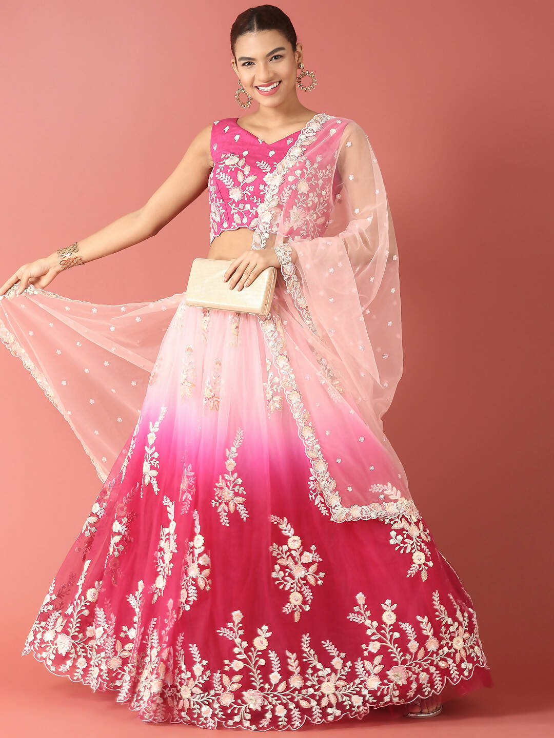 House of Panchhi Rose Tone Shadding Net Sequinse Work Lehenga & Blouse, Dupatta | Swadesiicart
