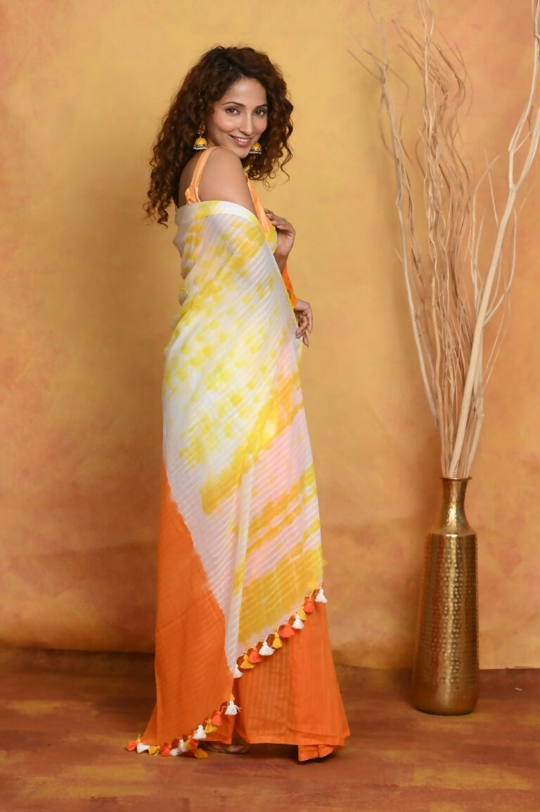Very Much Indian Tie & Dye Handloom Mul Cotton Saree - Orange Yellow | Swadesiicart