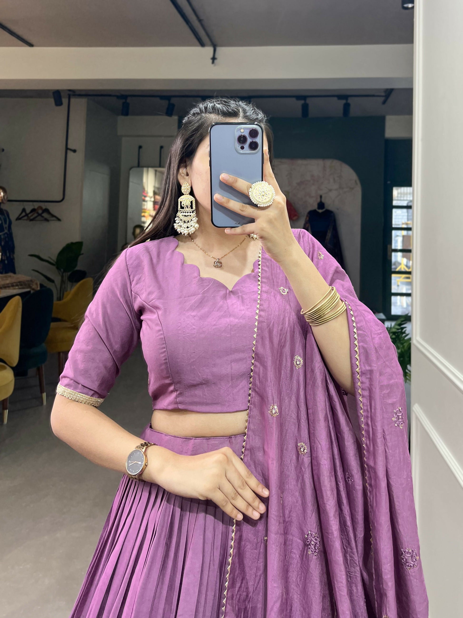 Lorenvalley Lavender Pure Chanderi Plain With Zari Weaving Work Border Lehenga Choli | Swadesiicart