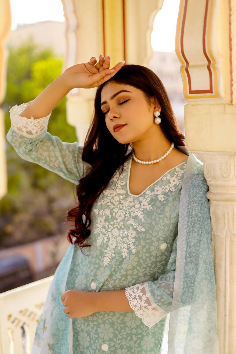 Vaasva Women Sky Blue Linen Floral Printed Kurta, Pant & Dupatta set | Swadesiicart