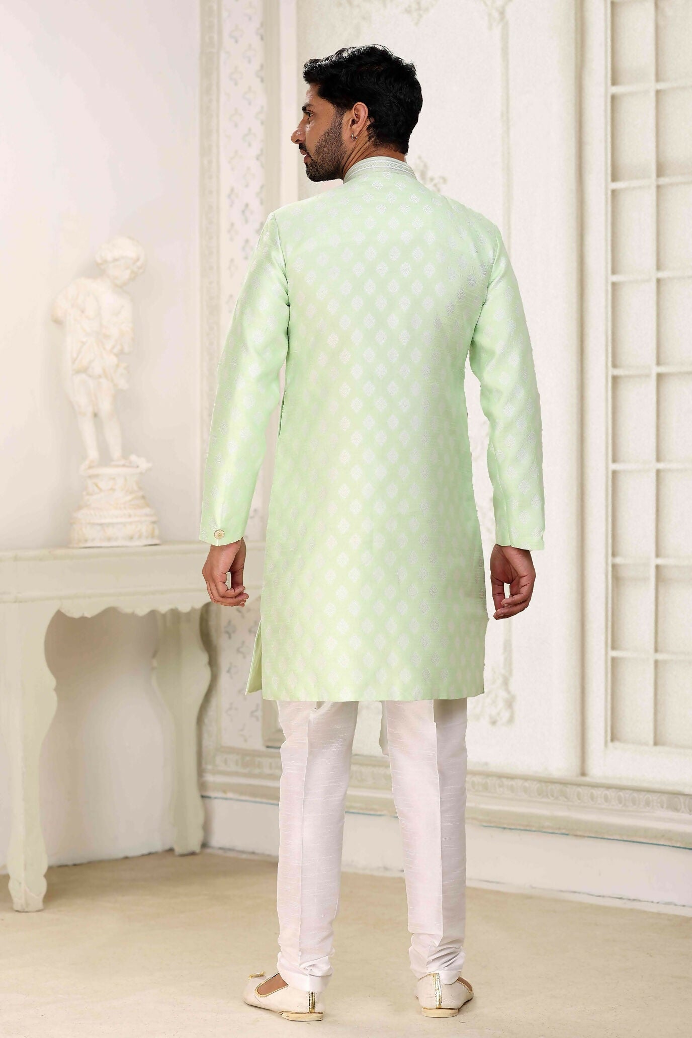 Raivat Ethnic Banarasi Jacquard Embroidery Semi Indo Western Sherwani In Pista Green Colour | Swadesiicart