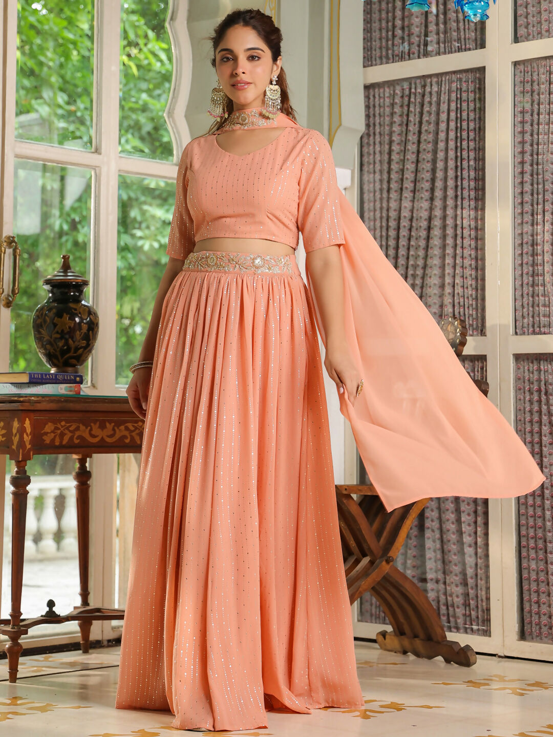 Janasya Peach Georgette Foil Print Lehenga Choli Dupatta | Swadesiicart
