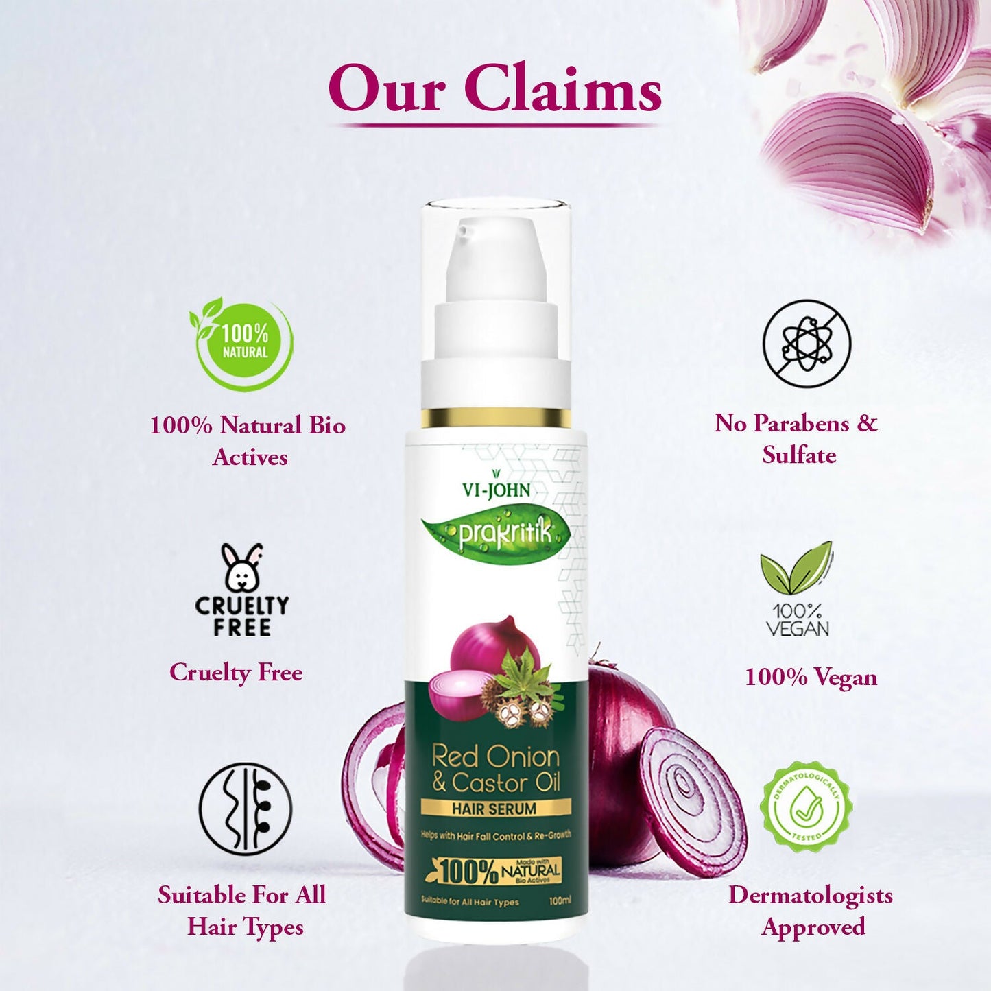 VI-JOHN Prakritik Red Onion & Castor Oil Hair serum, Reduces Hair Loss, 100% Natural Bio Actives Hair Oil | Swadesiicart
