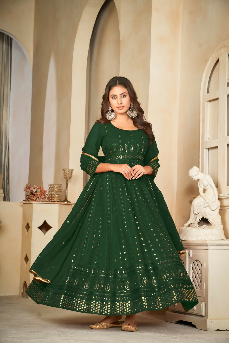 Jyoti Fashion Women's Green Georgette Embroidered Anarkali Kurta Pant Set With Dupatta | Swadesiicart