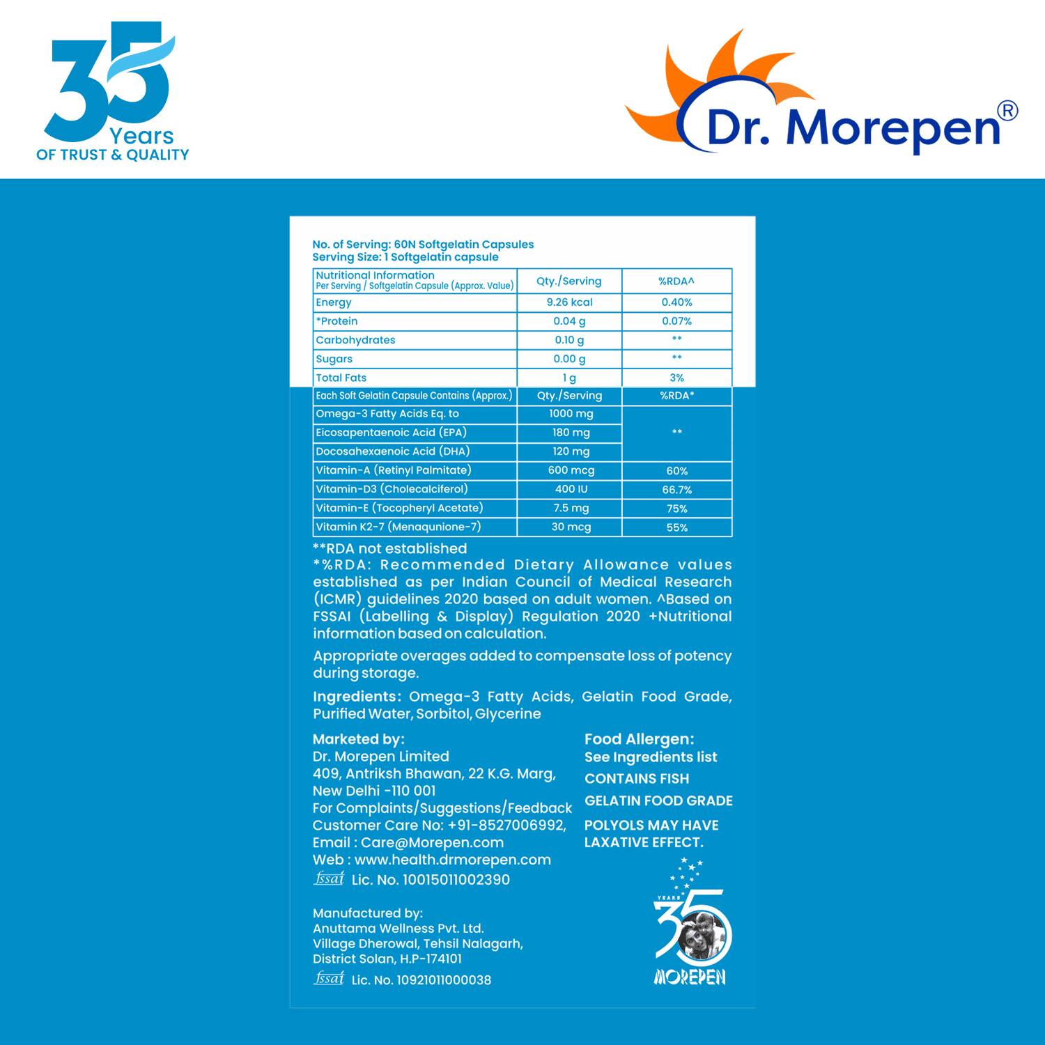 Dr. Morepen Omega 3 Deep Sea Fish Oil Softgels - Swadesiicart