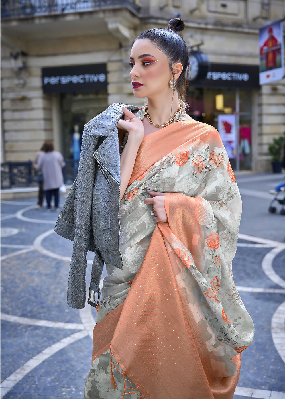 Lovely Orange & Cream Polly Brasso Designer Saree - Emponline | Swadesiicart