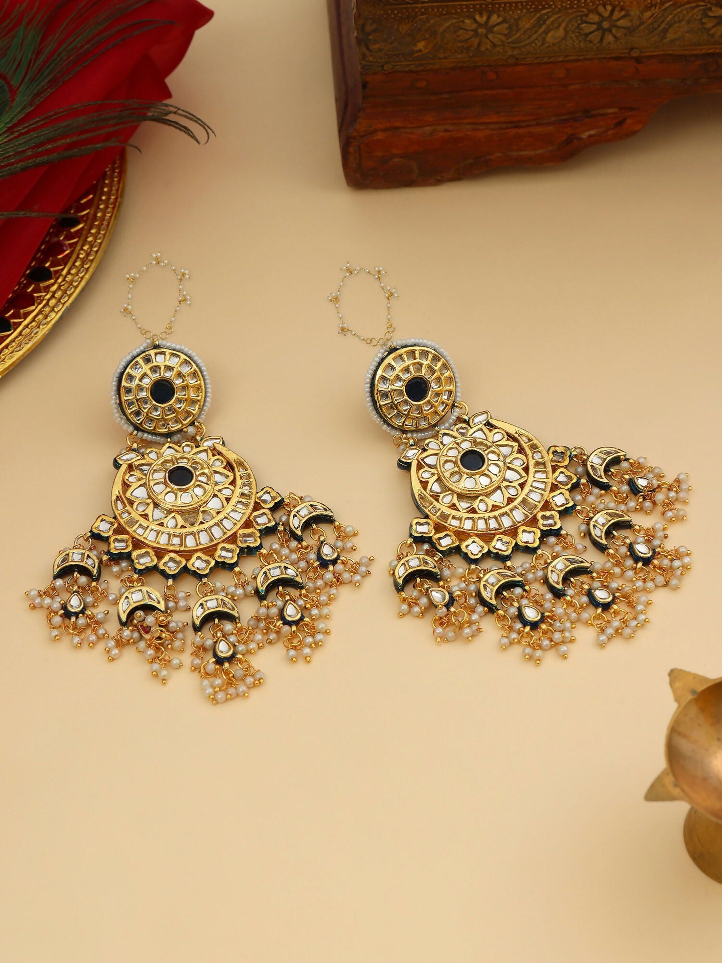 Ruby Raang 22k Gold Polished Kundan Chand Earrings With Ear Chains | Swadesiicart