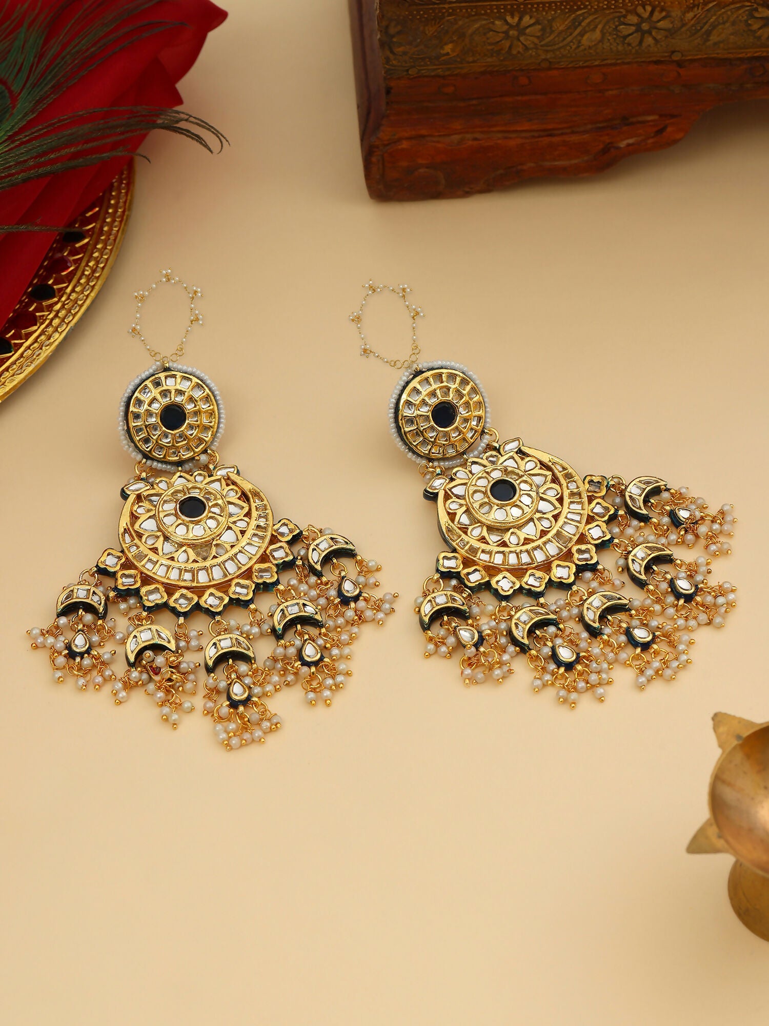 Ruby Raang 22k Gold Polished Kundan Chand Earrings With Ear Chains | Swadesiicart