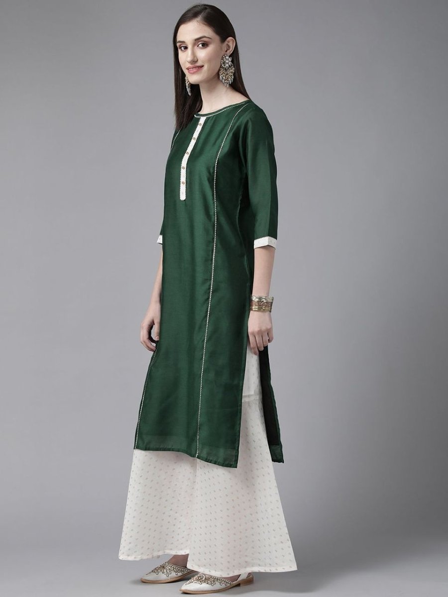 Ahalyaa Women Dark Green Plain Chanderi Kurta with Sharara Set | Swadesiicart