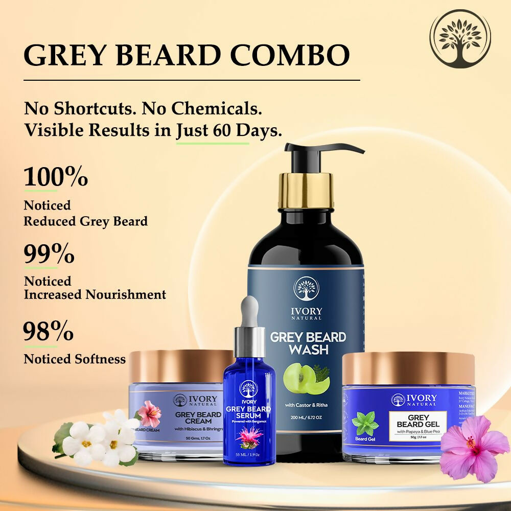 Ivory Natural Grey Beard Combo (Serum, Cream, Wash & Gel) Restore Your Silver Beard To Natural Color | Swadesiicart