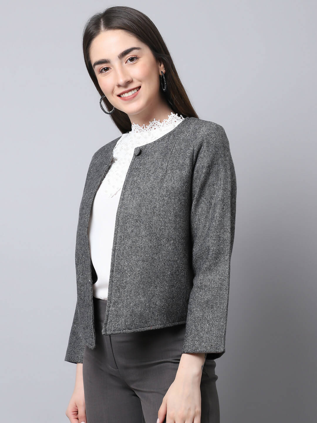 Even Apparels Black Pure Wool Open Front Statement Women's Jacket | Swadesiicart