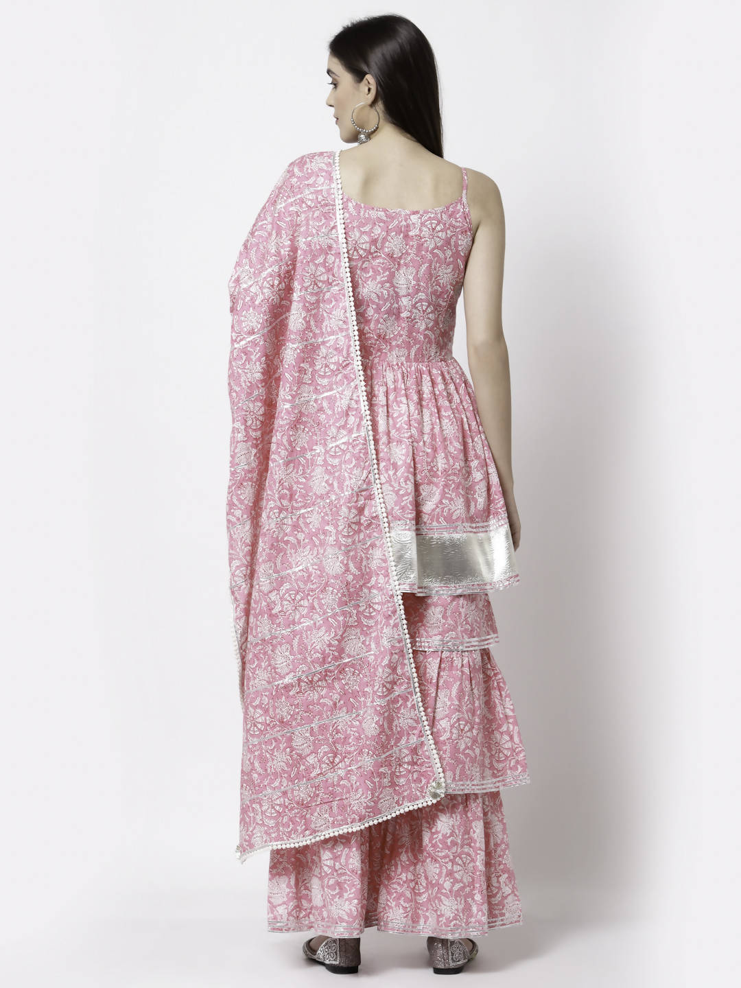 Myshka Women Pink Pure Cotton Printed Sleeveless Round Neck Kurta With Sharara & Dupatta Set | Swadesiicart