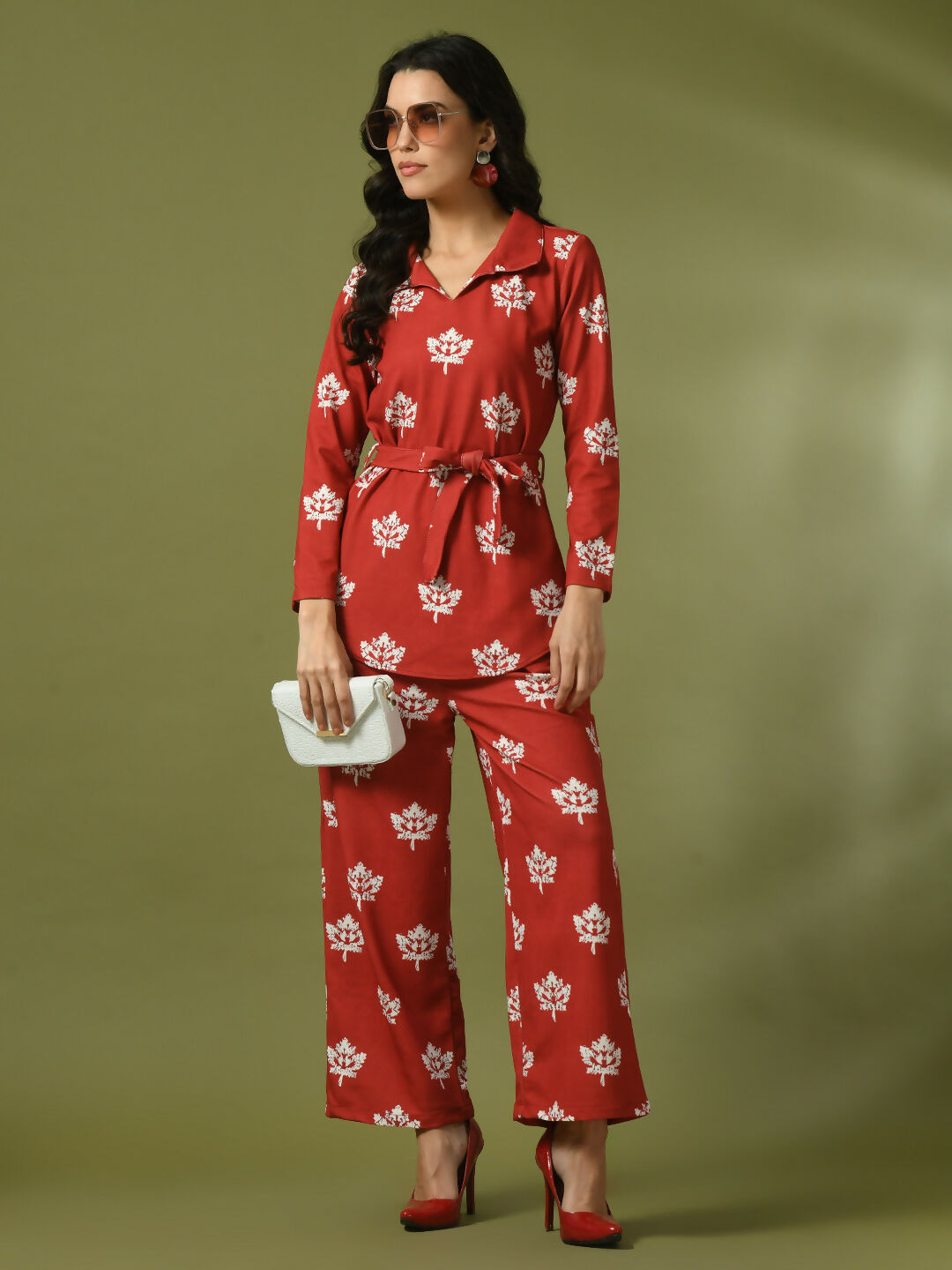 Myshka Women's Rust Printed Polo Collar Party Top With Trousers Co-ord set - Swadesiicart