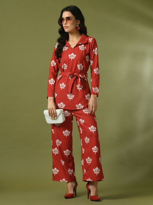 Myshka Women's Rust Printed Polo Collar Party Top With Trousers Co-ord set - Swadesiicart