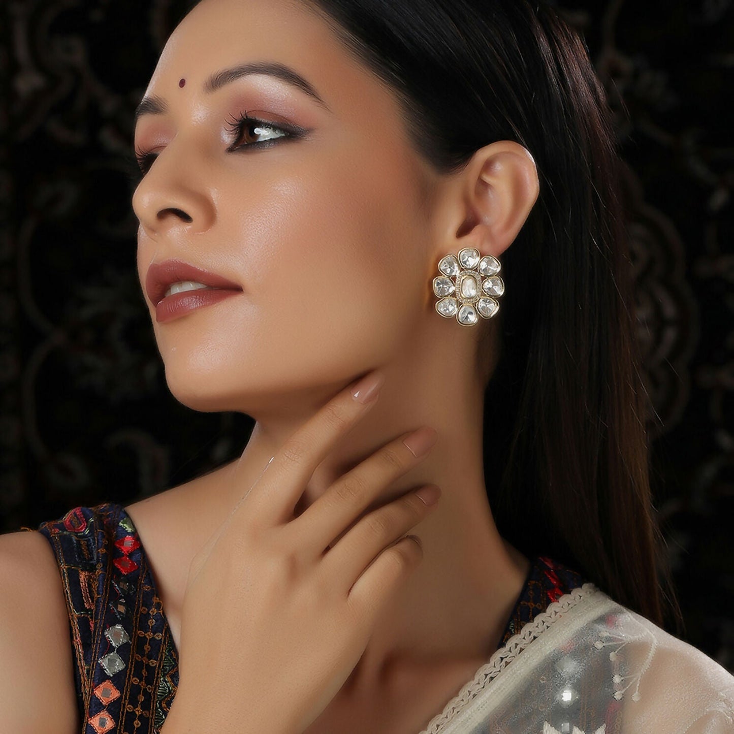 Oversized Round Kundan Studs (Gold) - Ruby Raang - Ruby Raang Studio