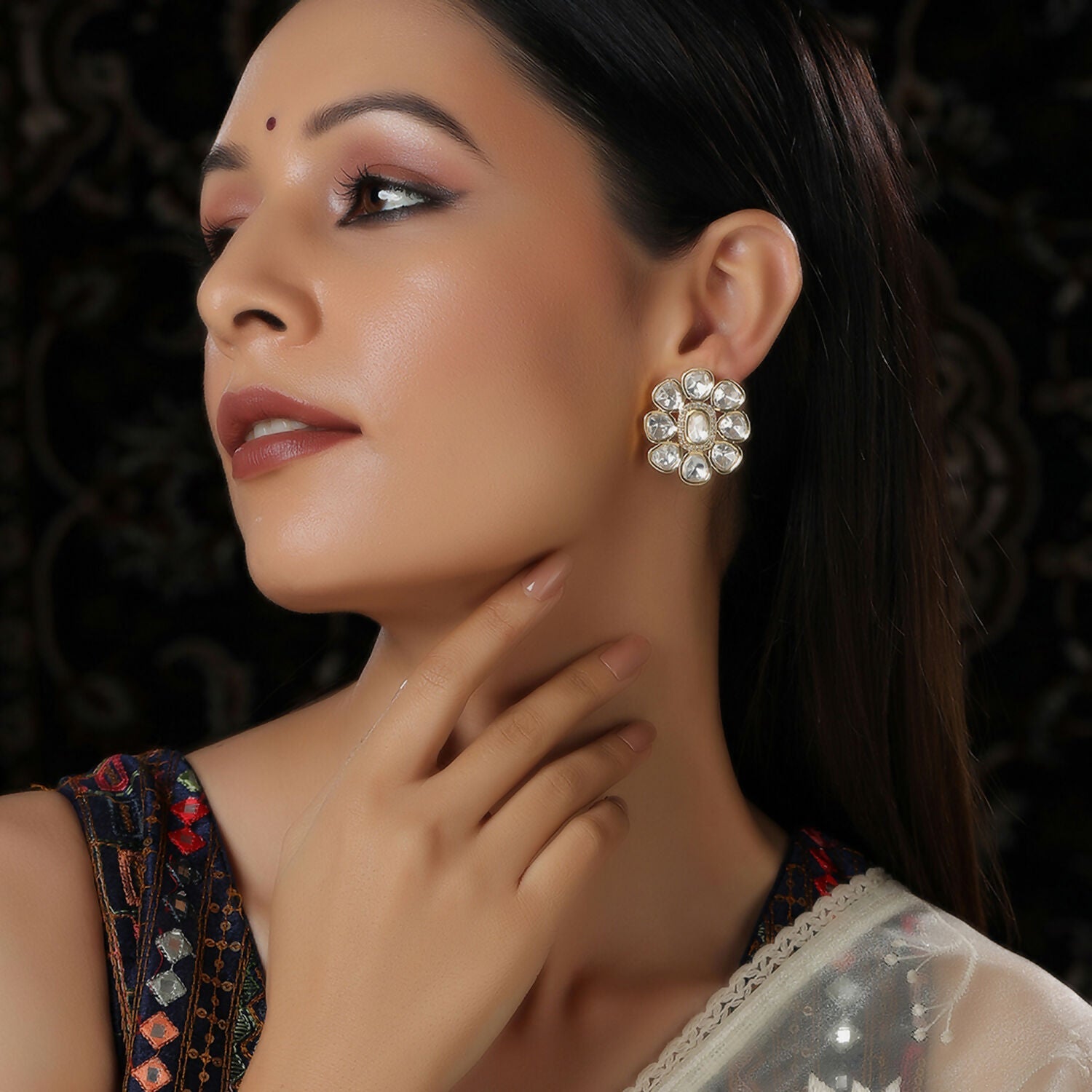 Oversized Round Kundan Studs (Gold) - Ruby Raang - Ruby Raang Studio