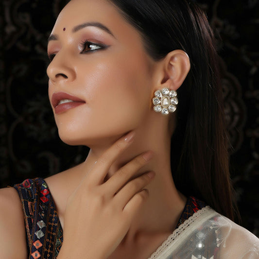 Oversized Round Kundan Studs (Gold) - Ruby Raang - Ruby Raang Studio