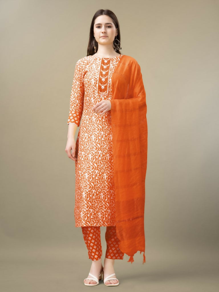 Jyoti Fashion Women's Orange Rayon Embroidery & Sequence work Kurta with Trouser & Dupatta | Swadesiicart