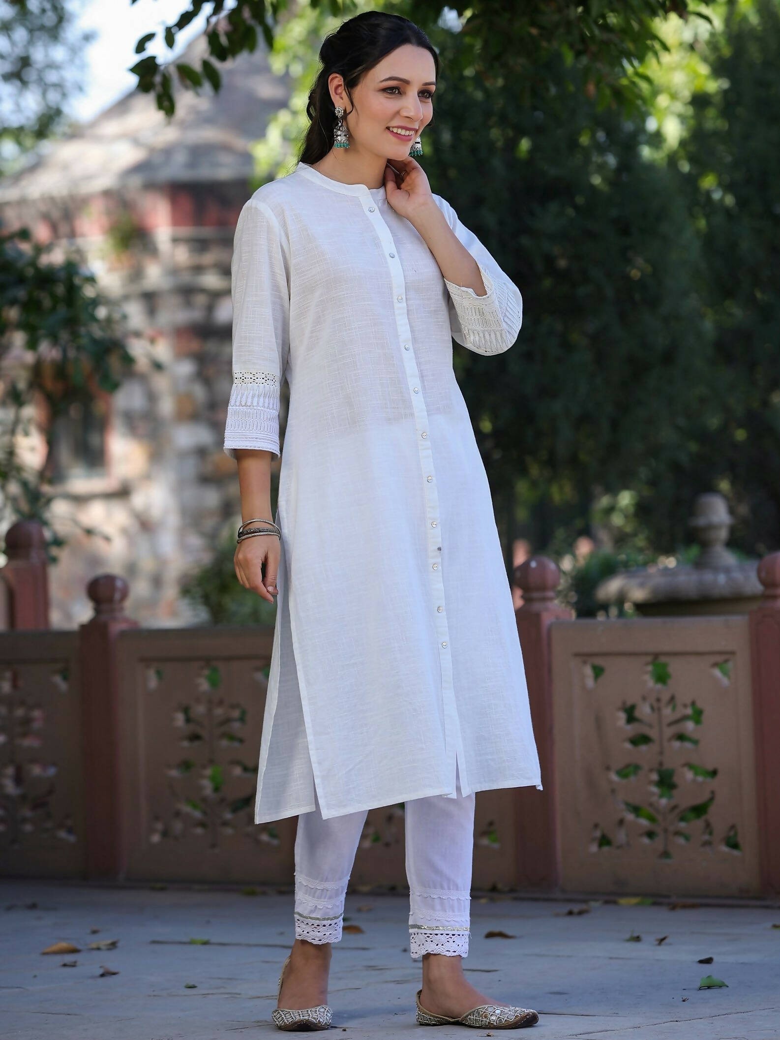 Juniper Women's White Cotton Slub Embroidered Straight Kurta | Swadesiicart