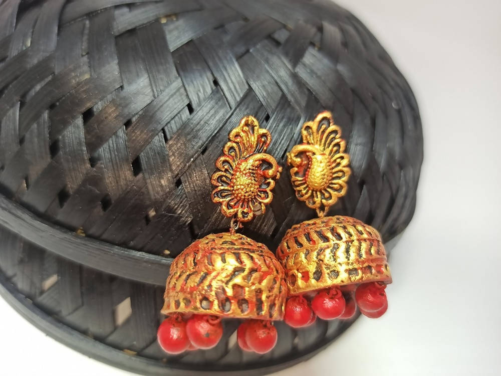 Terracotta Peacock Stud Ethnic Jhumkas-Gold Red | Swadesiicart