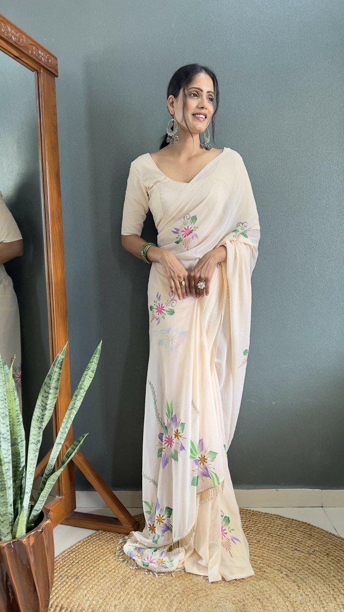 Aayaa Designer 1 min Hand Painted Ready to Wear saree - Off White | Swadesiicart