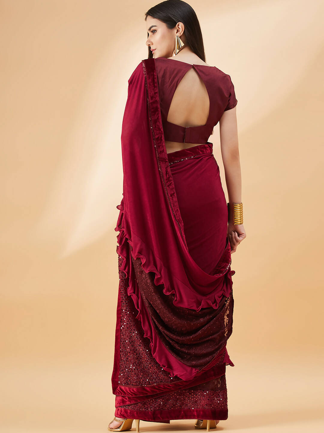 Maroon Lycra Embossed Fancy Velvet, Sequins Embroidery, Frill Details Saree - Norita Hit Design - Swadesiicart