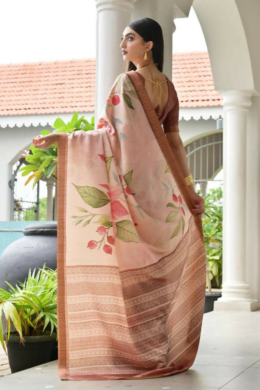 Vishnu Weaves Women's Coffee Satin Silk Printed Saree with Blouse - Swadesiicart