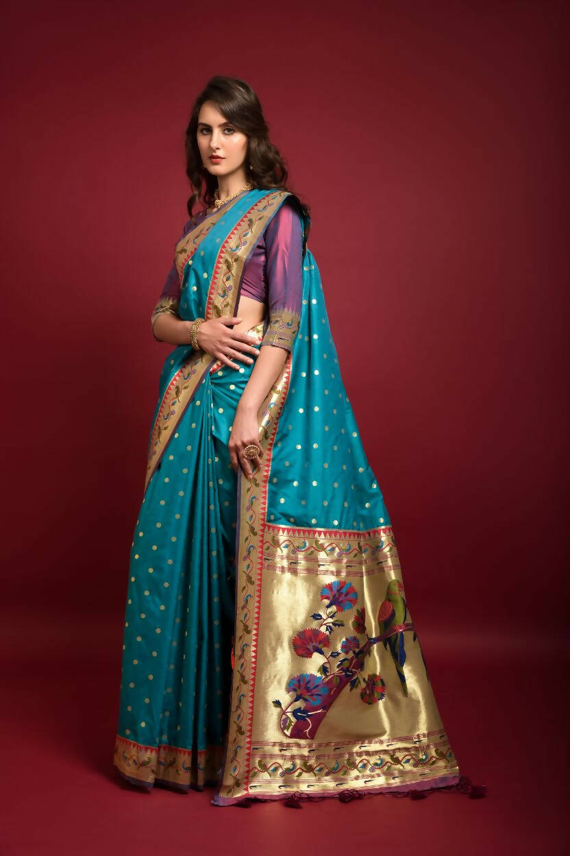 Vishnu Weaves Women's Rama Paithani Silk Zari Woven Saree with Unstitched Blouse - Swadesiicart