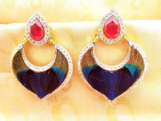 AD Ruby Peacock Feather Earrings | Swadesiicart