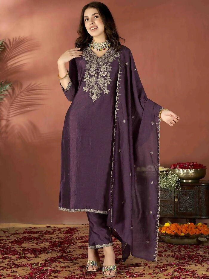 The52 Wine Women's Gorgeous Vichitra Fabric Embroidered Work Straight Kurta Pant and Dupatta Set - Swadesiicart