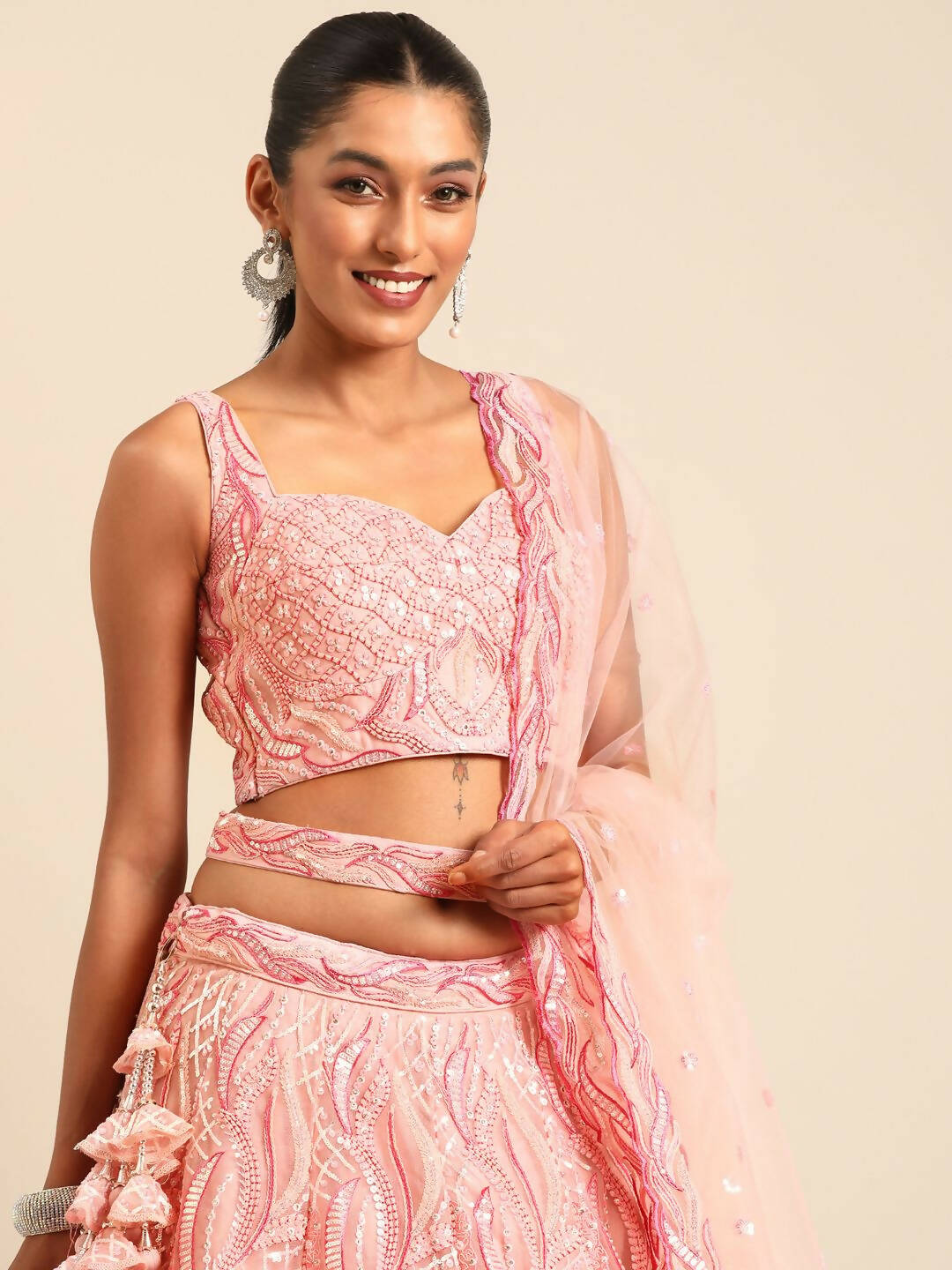 House of Panchhi Coral Pink Net Sequins and Zarkan embroidery Lehenga choli & Dupatta | Swadesiicart