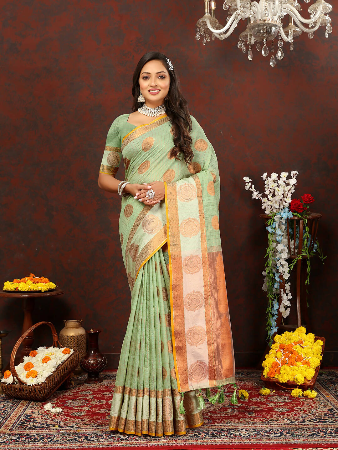 Lorenvalley Fashion Seagreen Cotton with Woven Design Zari Weaving Saree - Swadesiicart