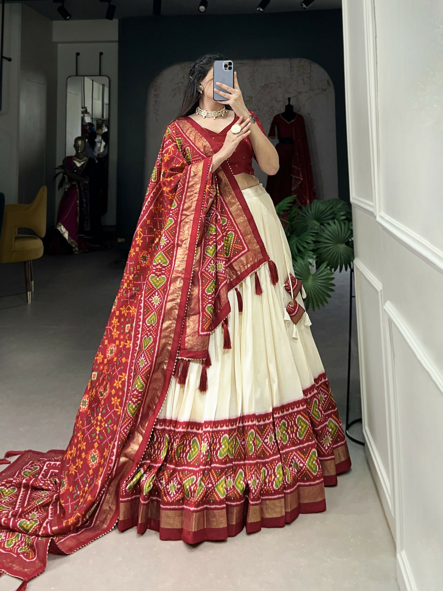 Lorenvalley Offwhite and Red Tussar Silk Patola Print Lehenga Choli | Swadesiicart
