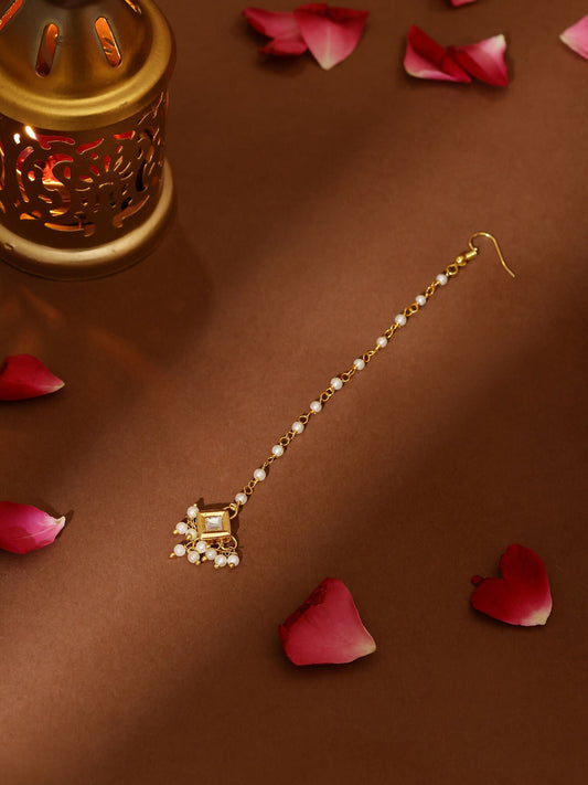 Ruby Raang Gold Square with Pearls Kundan Maang Tikka | Swadesiicart