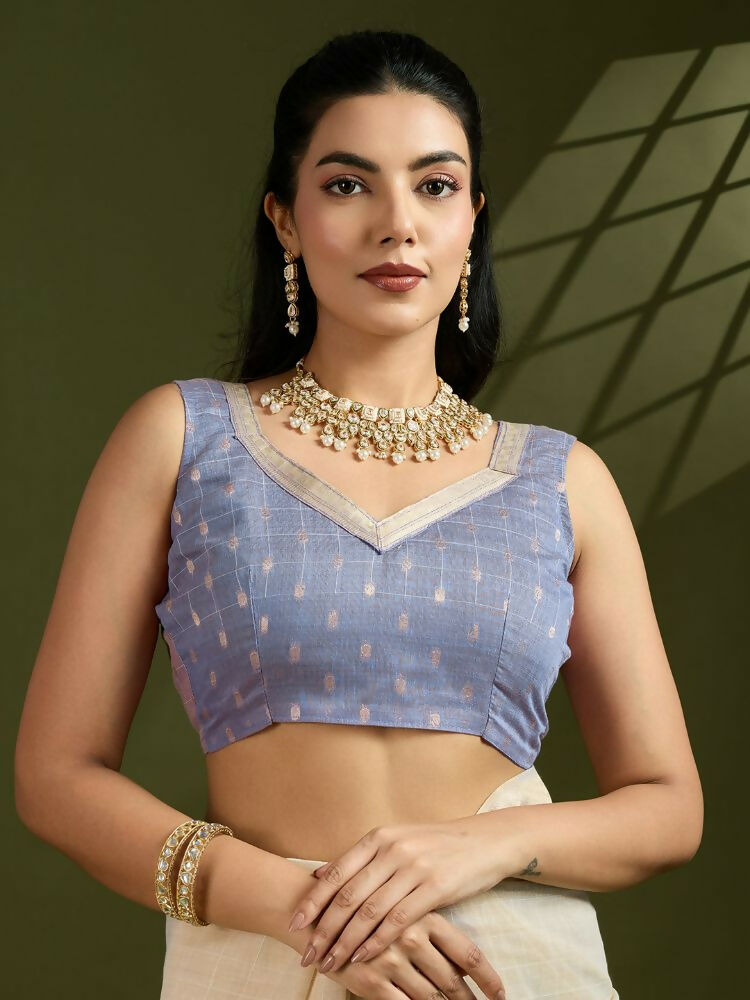 Vishnu Weaves Women's Blue Muga Cotton Thread Woven Saree with Blouse - Swadesiicart