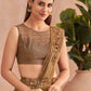 Beige Satin Embroidered Ready To Wear Saree With Unstitched Blouse Piece - Nandika | Swadesiicart