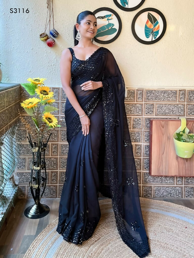 Black Georgette Sequence Embroidery Cut Work Saree - Saadia