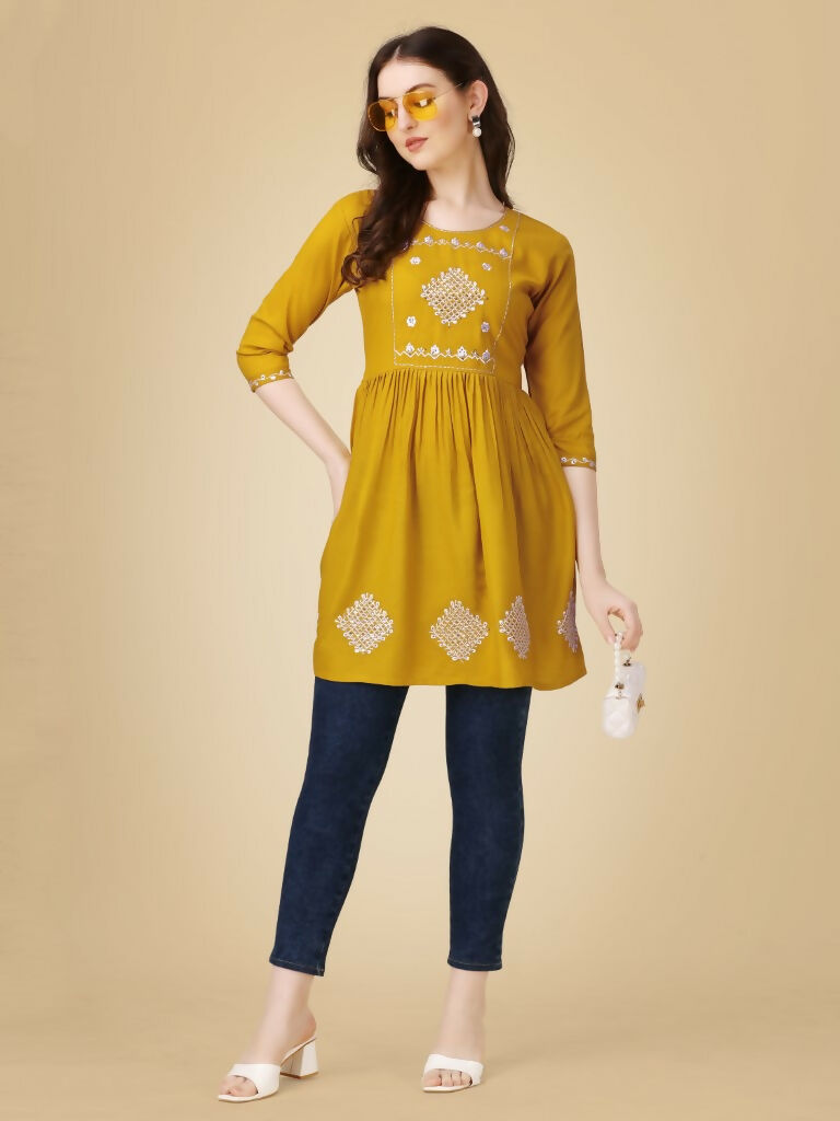 Jyoti Fashion Women's Mustard Viscose Rayon Embroidered Casual Top | Swadesiicart