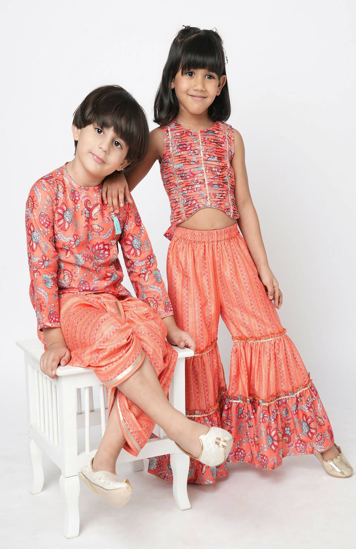 Lil Drama Golden Weaves Orange Crop Top With Palazzo Co-Ordinate Set - Swadesiicart
