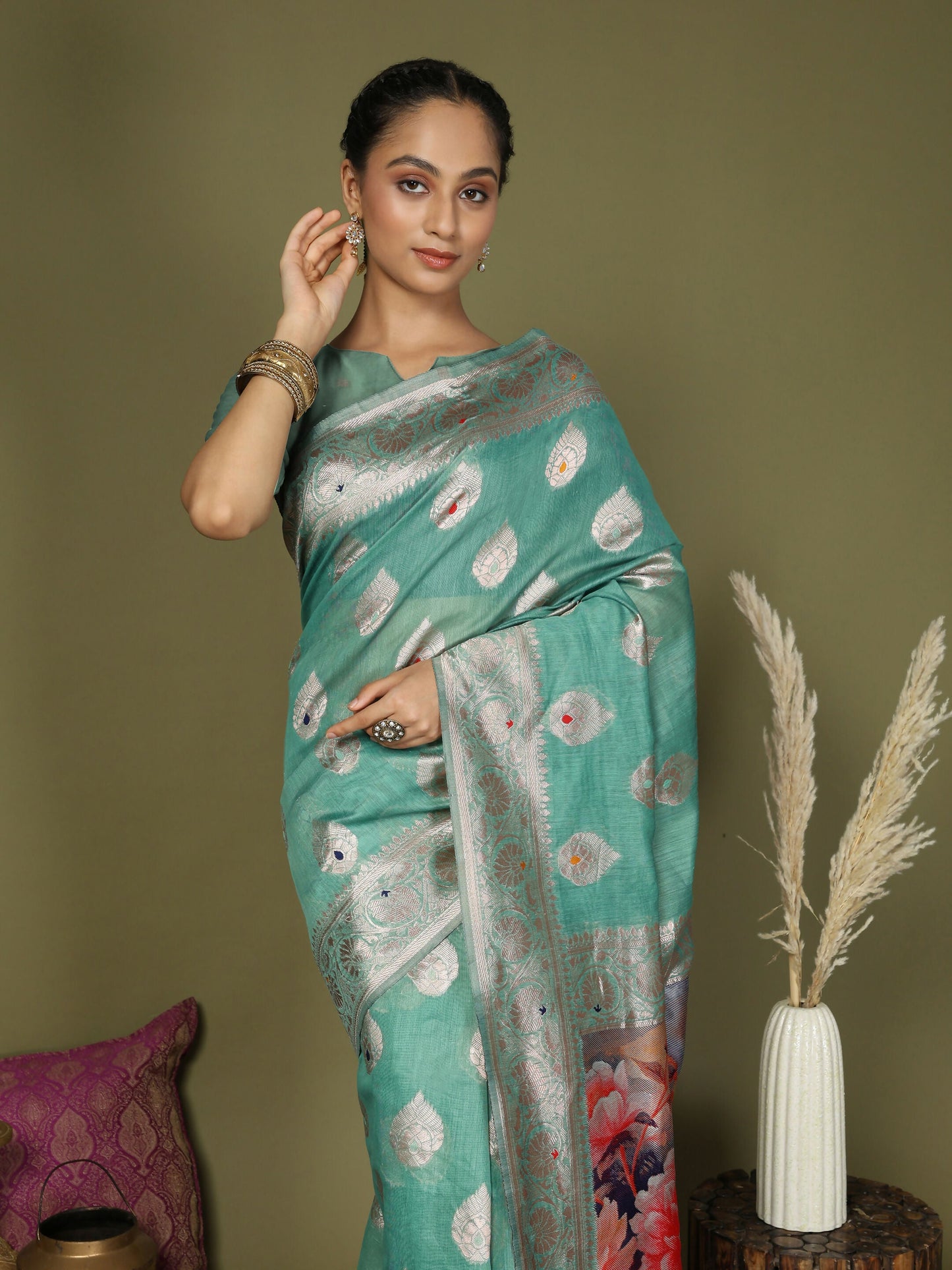 Shree Shyam Fashion Linen Cotton Rama Green Saree
