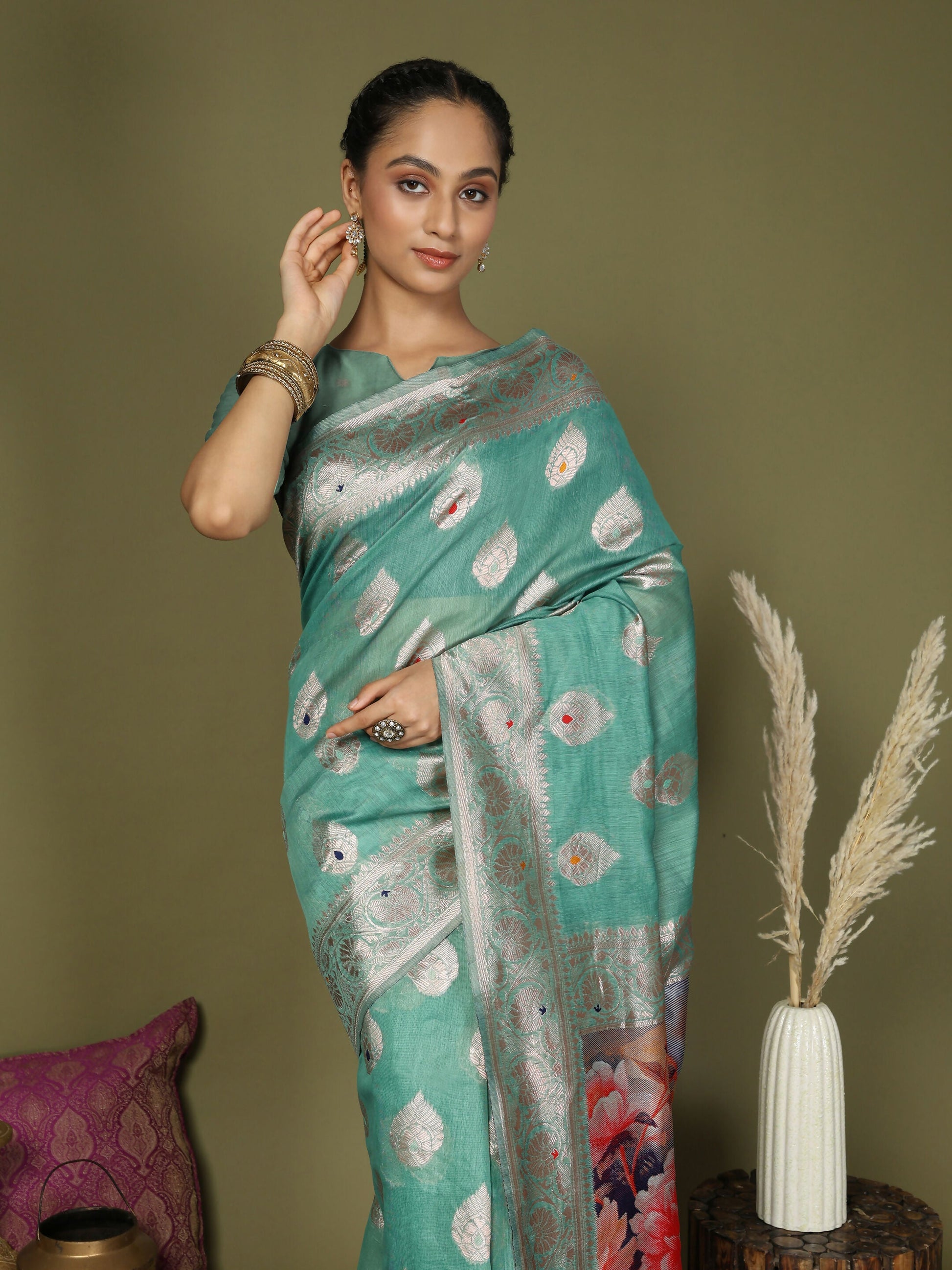 Shree Shyam Fashion Linen Cotton Rama Green Saree