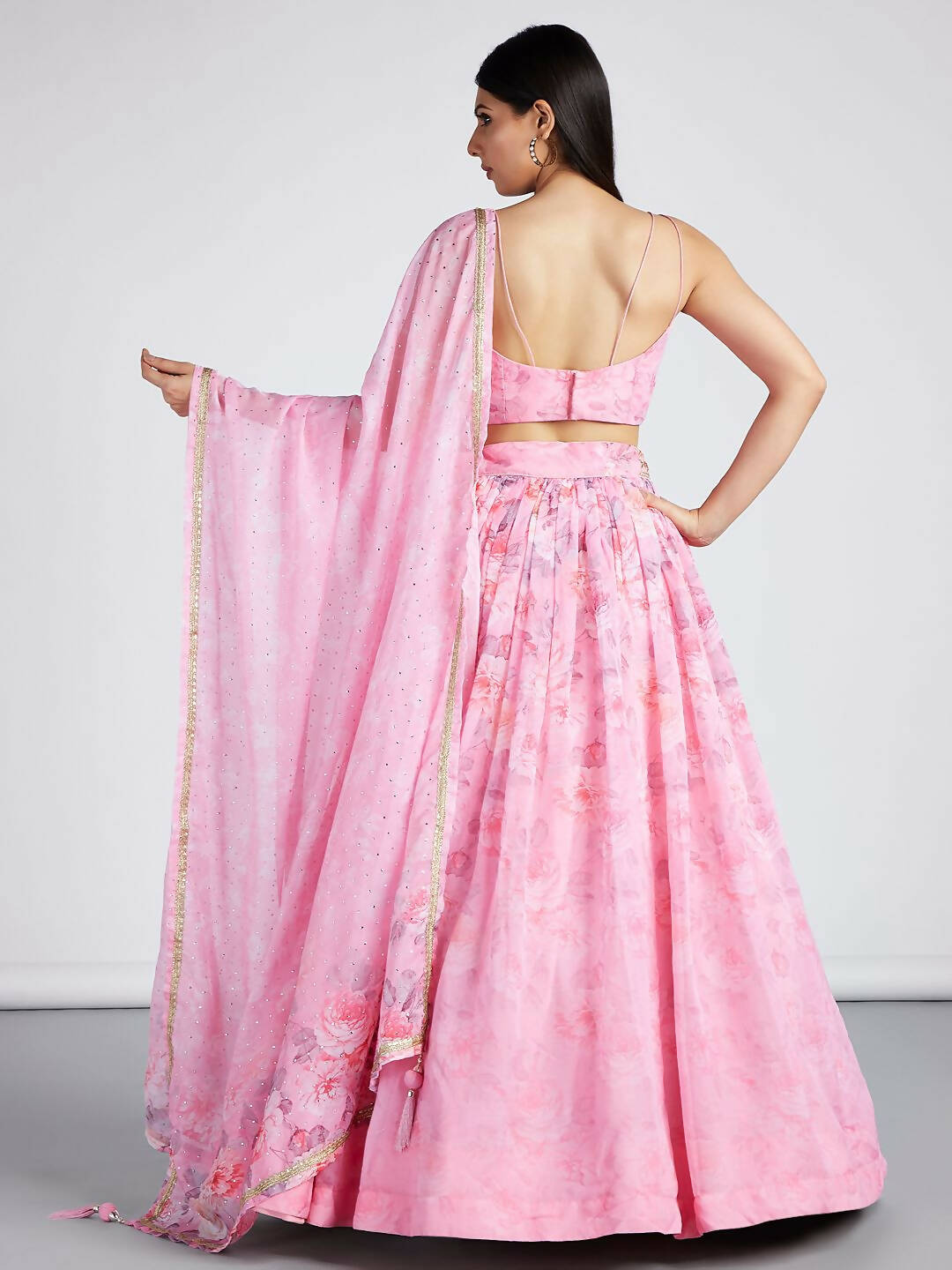 House of Panchhi Coral colour Organza Floral design digital print Semi-Stitched Lehenga choli & Dupatta | Swadesiicart