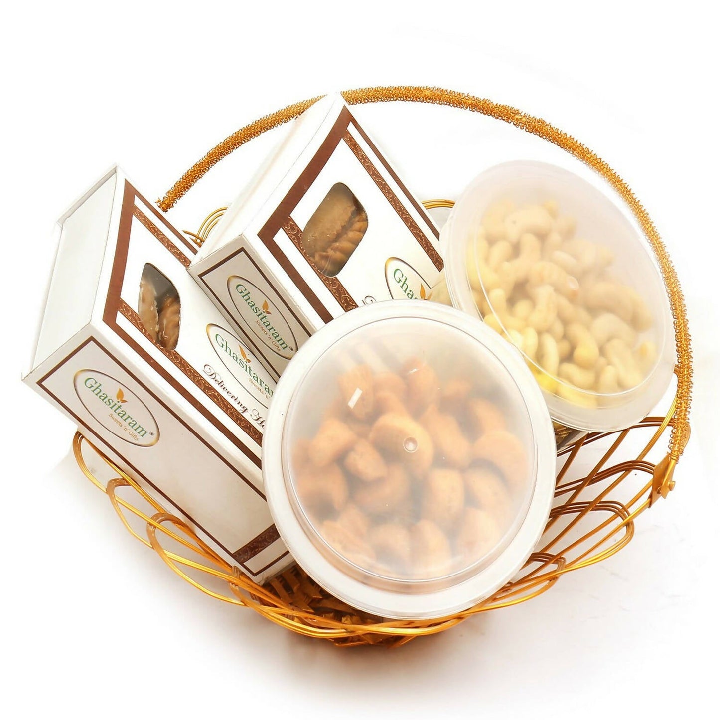 Ghasitaram Holi Hampers: Golden Metal Basket of Gujiya, Chocolate Gujiya, Kaju Biscuits, Mini Namkeen Gujiyas - Altcheeni