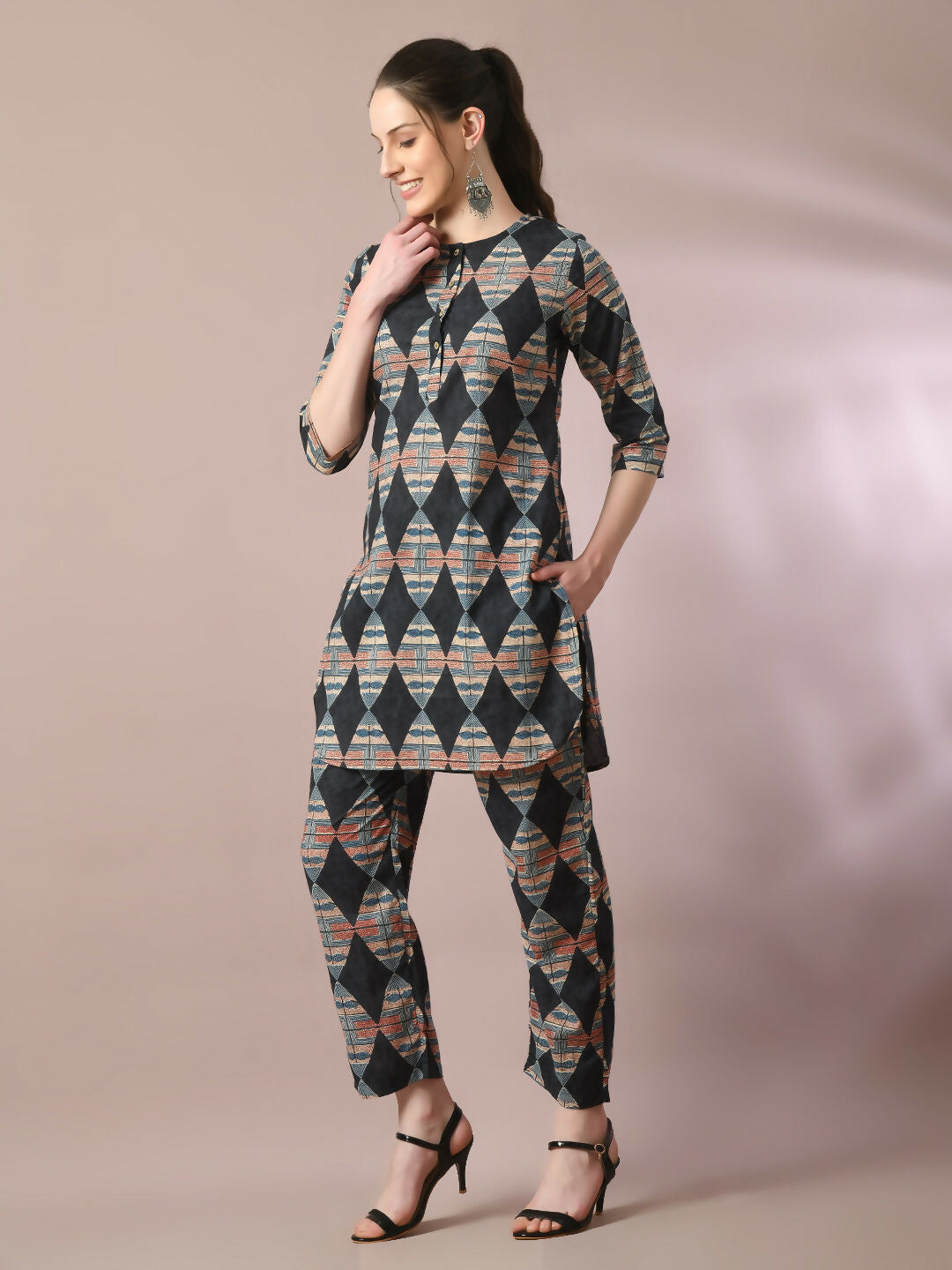 Myshka Women's Multi Printed Cotton Round Neck Party Tunic With Trousers Co-ord set - Swadesiicart