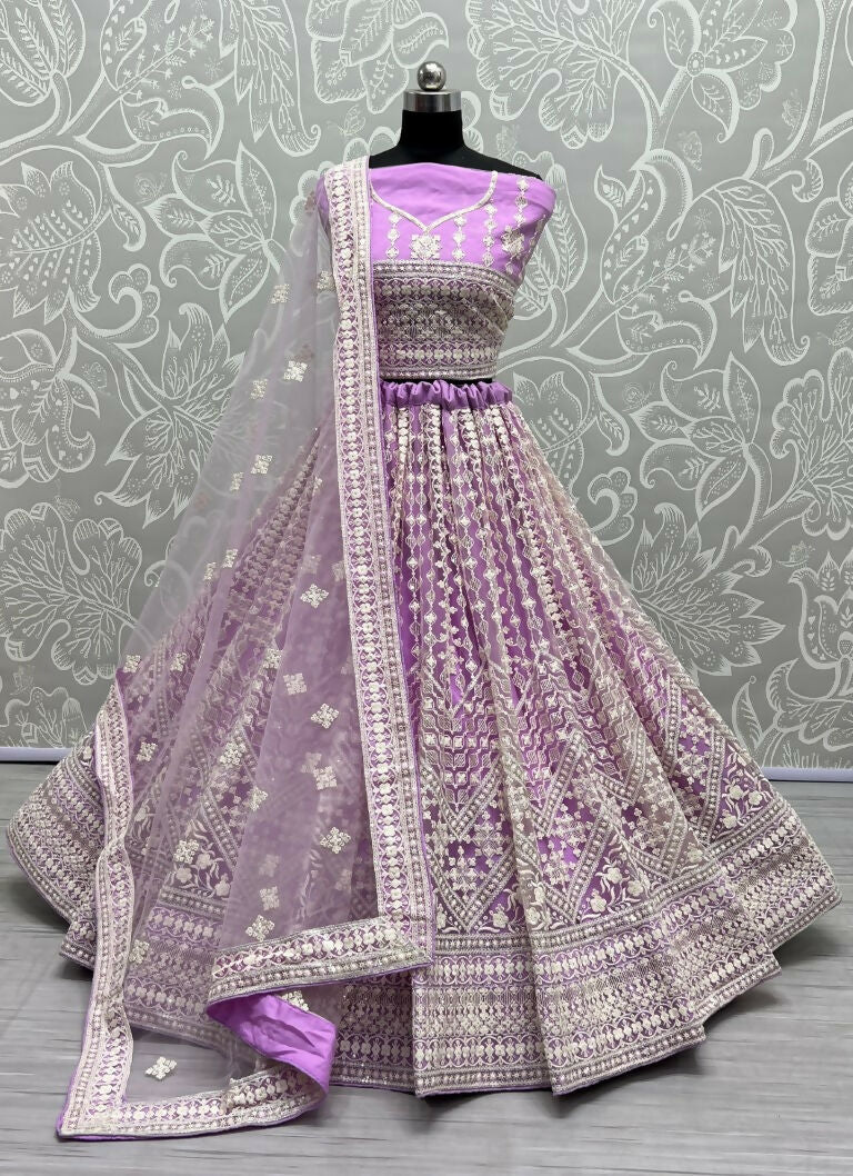 Jyoti Fashion Women's Mauve Net Patterned Thread Embroidered with Sequins Wedding Lehenga Choli | Swadesiicart