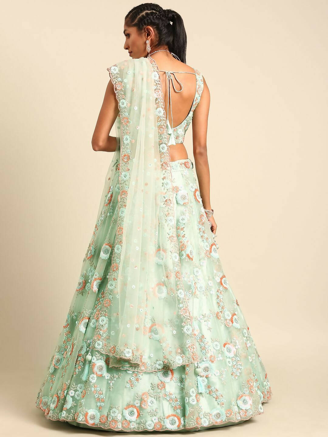 House of Panchhi Sea Green Net Sequins and Zarkan embroidery Lehenga choli & Dupatta | Swadesiicart