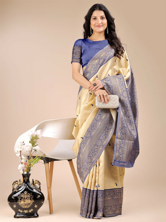Astita Aura Silk Cream Navy Blue Banarasi Silk Saree | Swadesiicart