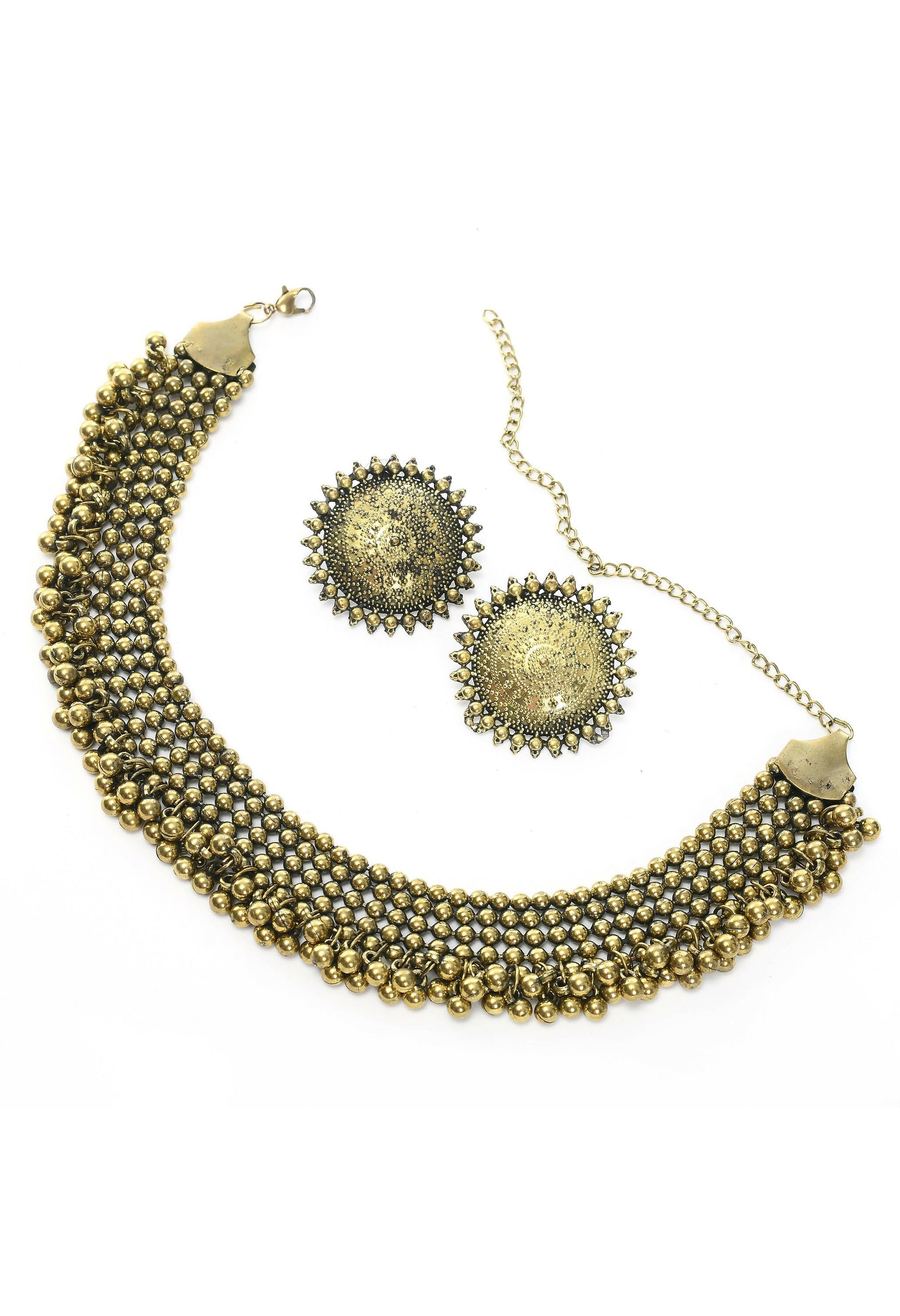 Mominos Fashion Johar Kamal Oxidised Gold-Polished Brass Finish Ghungroo Design Choker Set | Swadesiicart