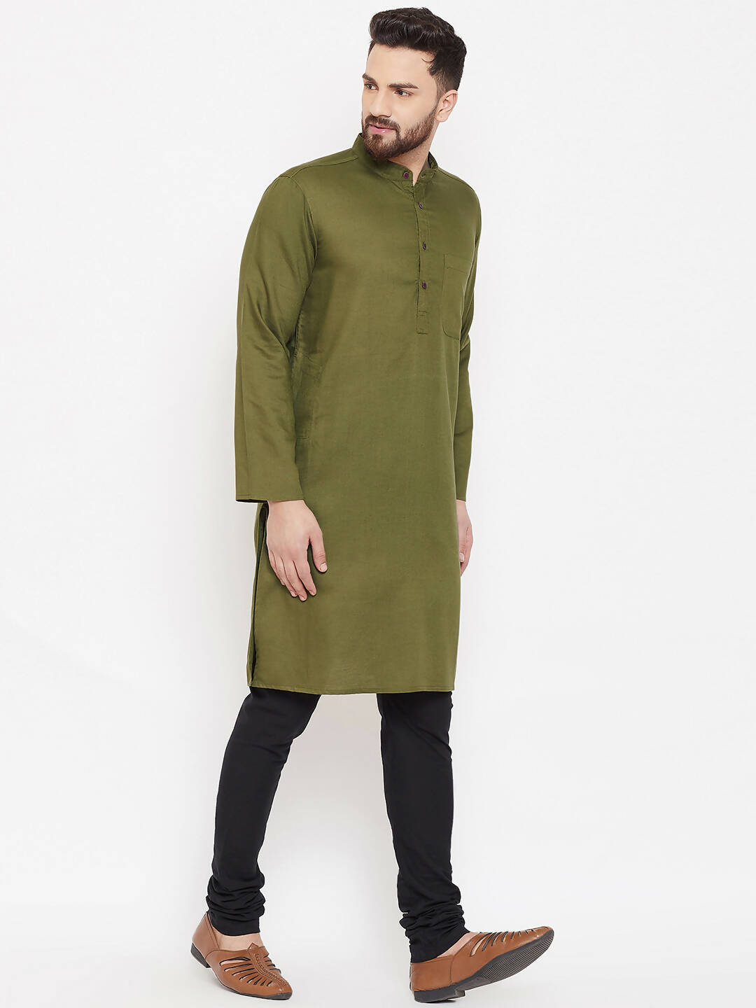 Even Apparels Green Linen Men's Kurta With Band Collar | Swadesiicart